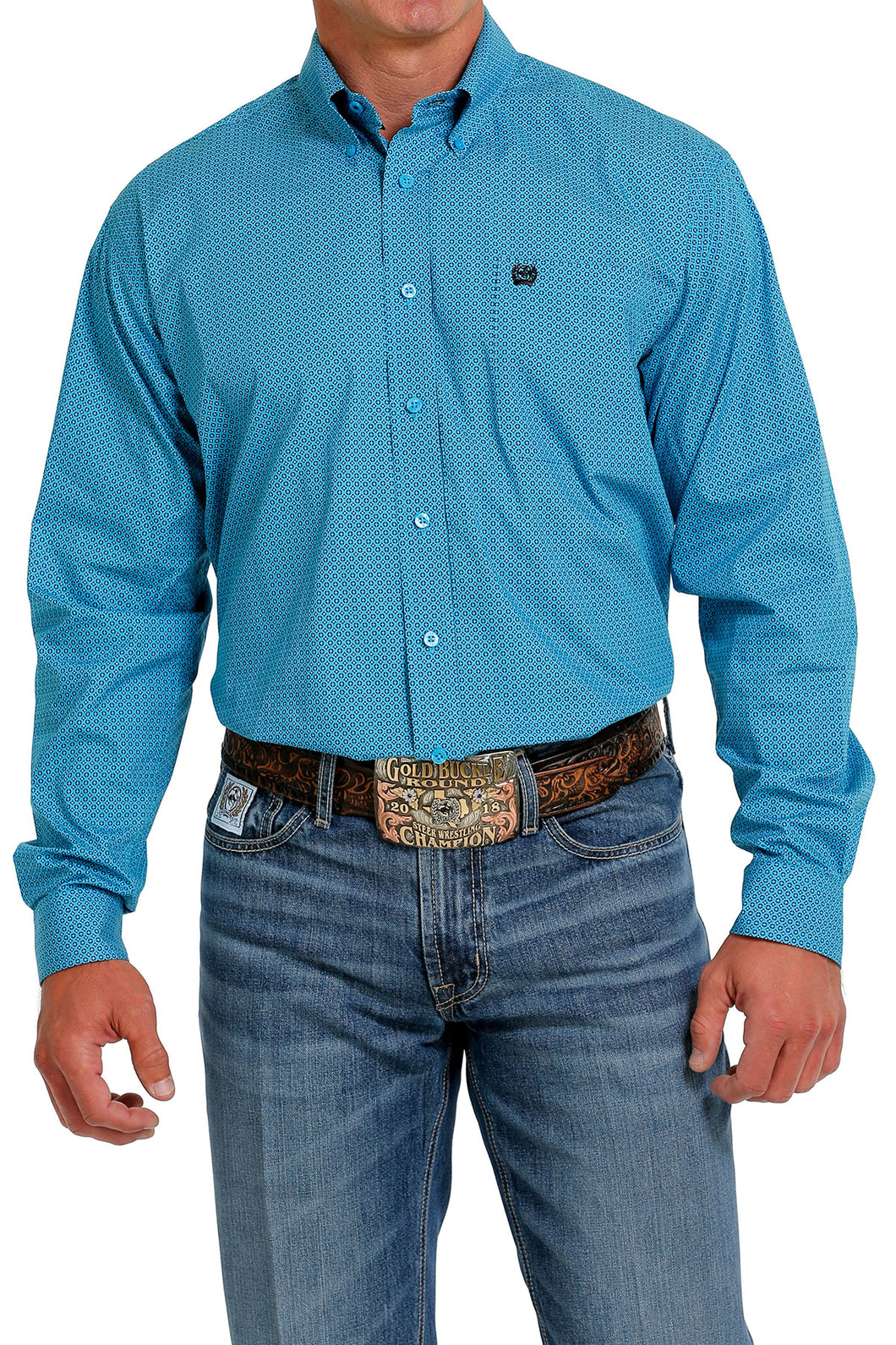 Pard's Western Shop Cinch Men's Turquoise Geometric Print Button-Down Shirt