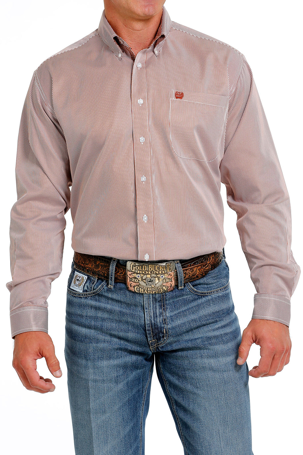 Pard's Western Shop Men's Cinch Brown/White Micro Stripe TENCEL Button-Down Shirt