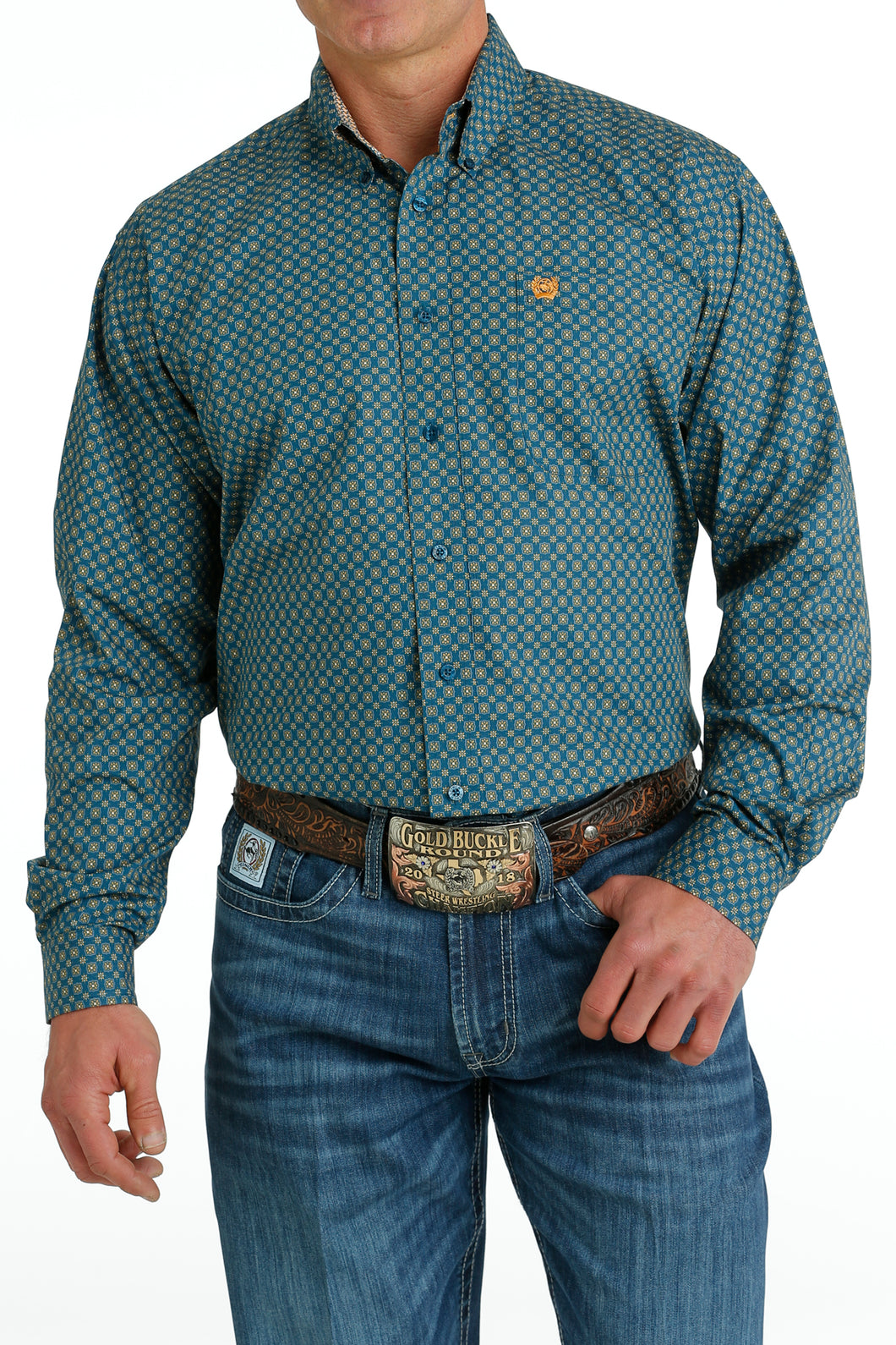 Pard's Western Shop Men's Cinch Blue/Orange Geometric Print Button-Down Shirt