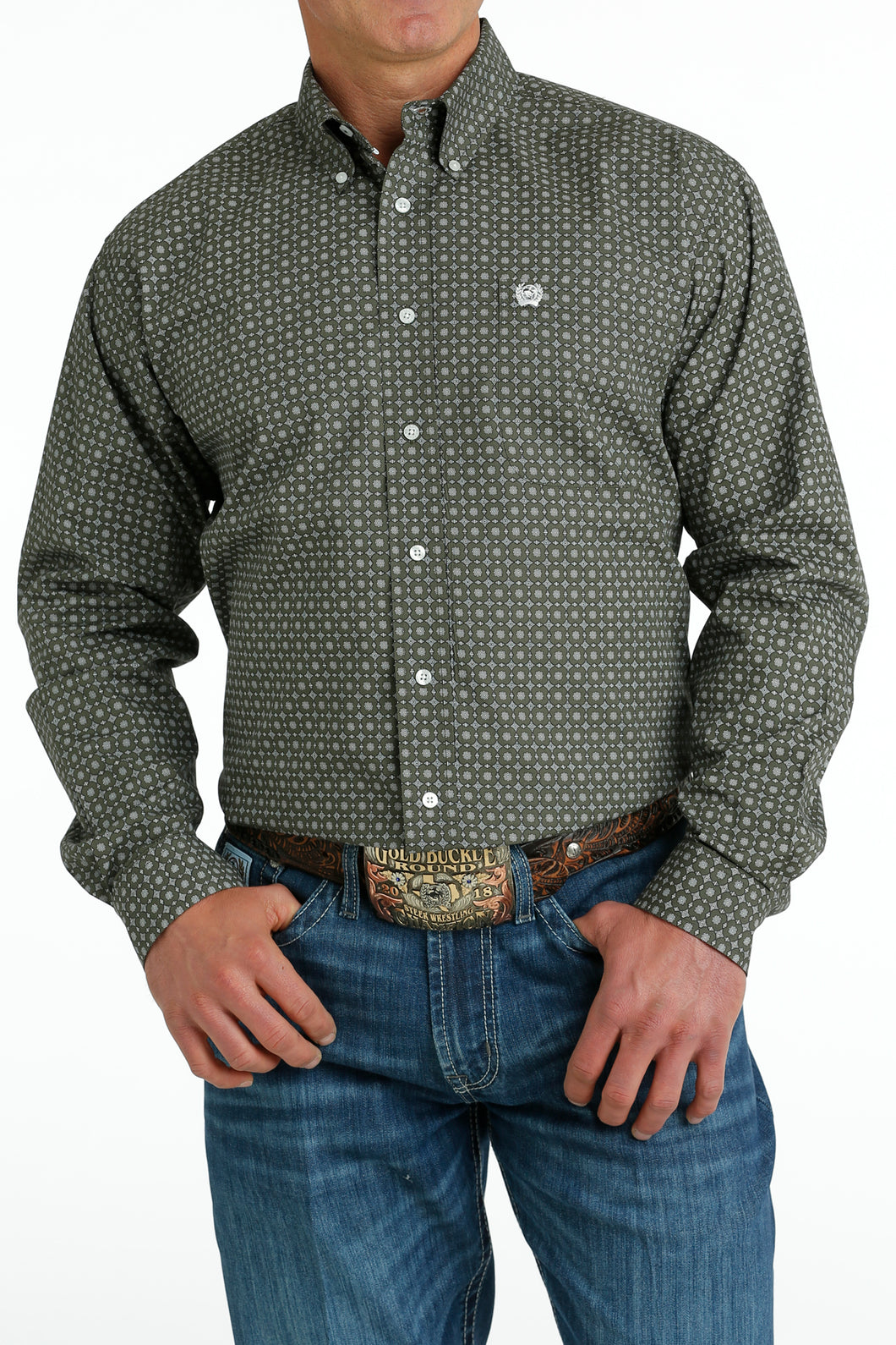 Pard's Western Shop Cinch Men's Olive Geometric Print Button-Down Shir