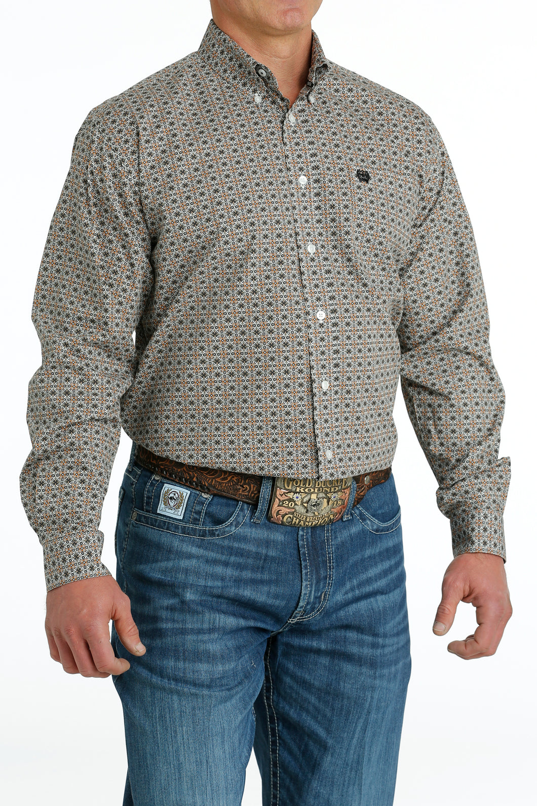 Pard's western Shop Cinch White/Gold Geometric Print Button-Down Shirt for Men