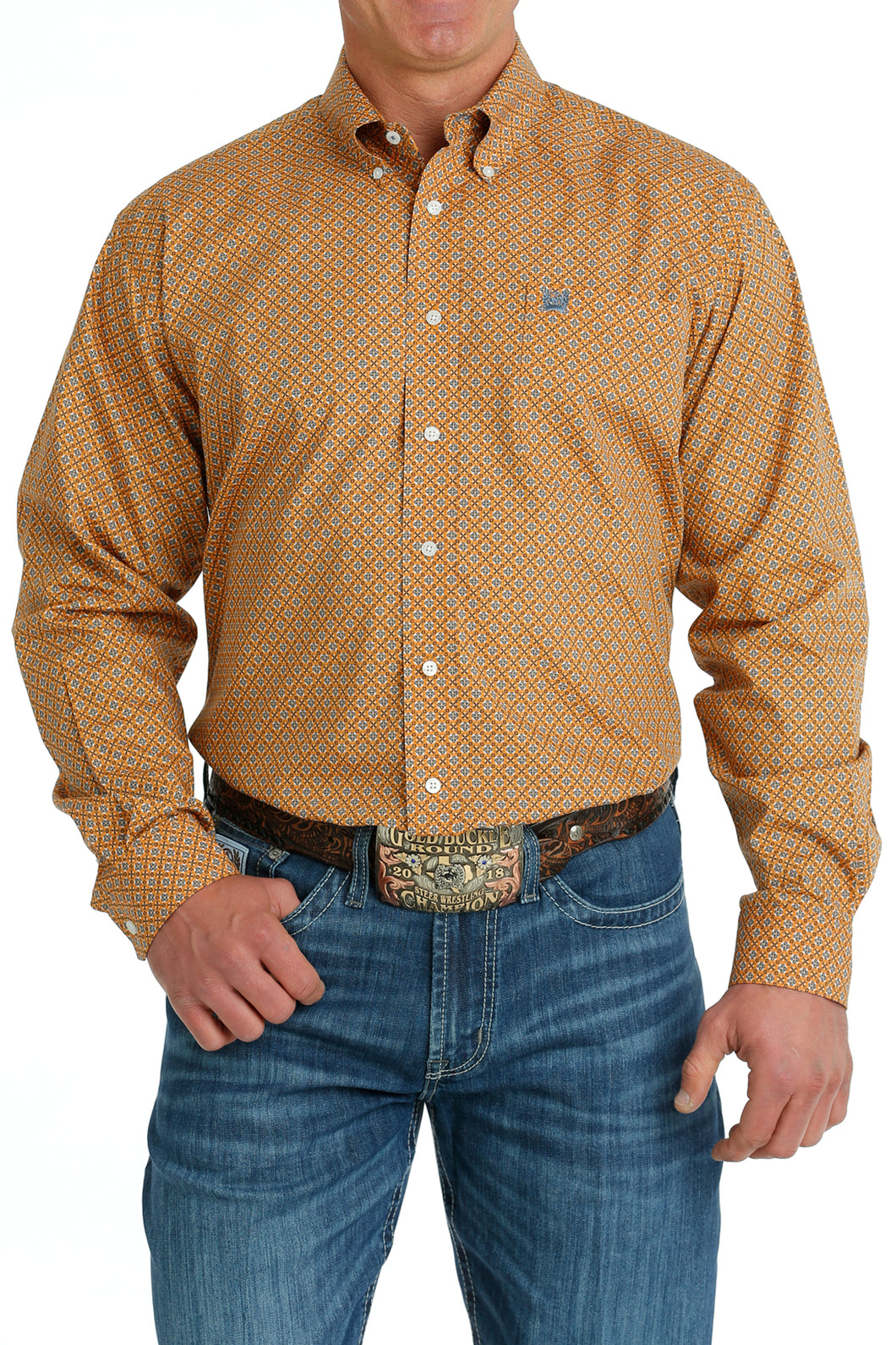Pard's Western Shop Cinch Men's Orange/Blue Geometric Print Button-Down Shirt