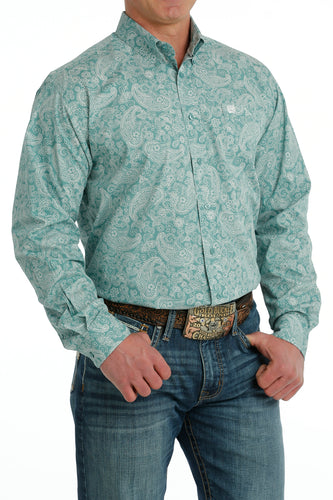 Pard's Western Shop Cinch Turquoise/White Paisley Print Button-Down Shirt for Men