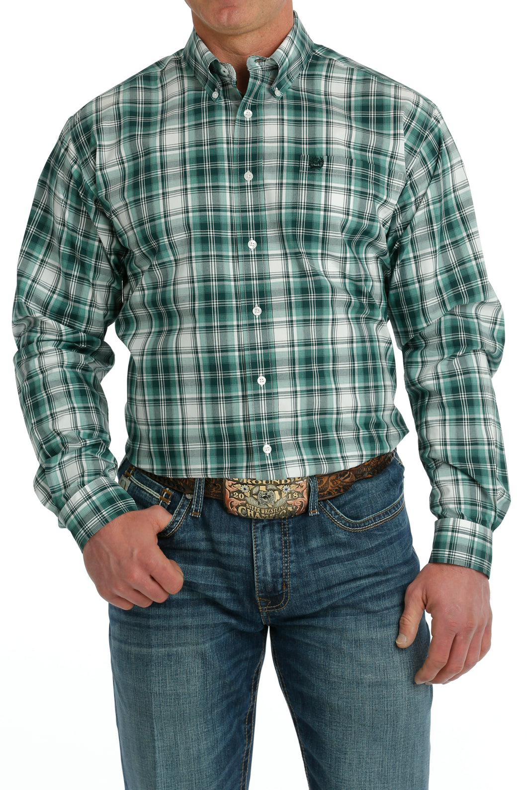 Cromoncent Men's Buffalo White Teal Plaid Flannel Shirt - Casual Button Down, Small