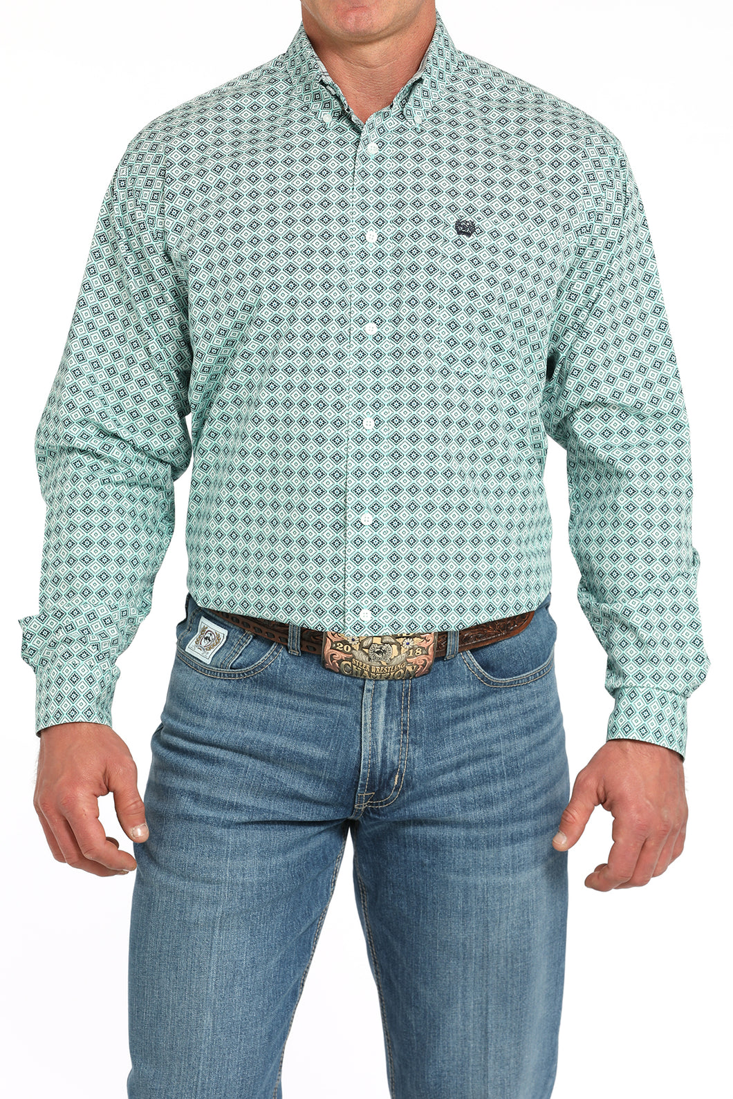 turquoise dress shirt Cinch Men's Turquoise/White Diamond Print Button-Down Shirt – Pard's Western Shop
