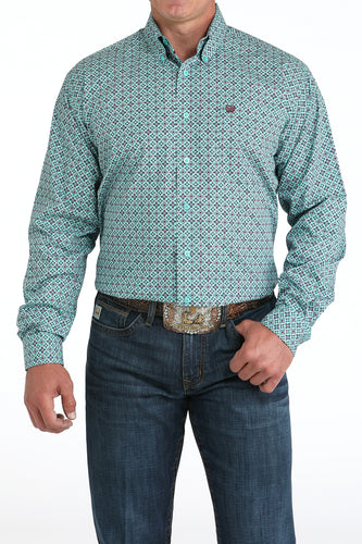 Pard's Western Shop Cinch Men's Turquoise Geometric Print Button-Down Shirt