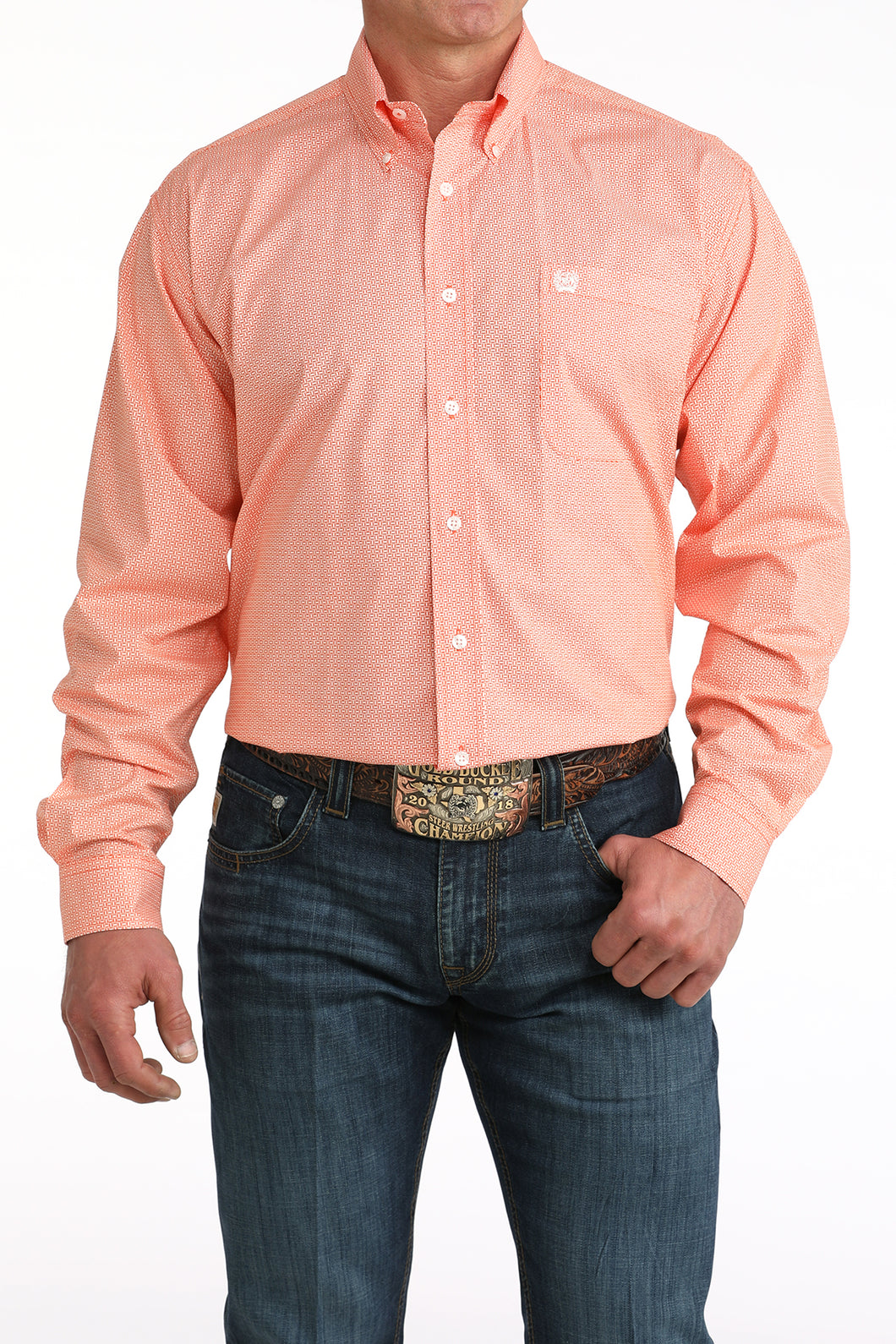 Pard's Western Shop Cinch Men's Orange Geometric Print Button-Down Stretch Shirt