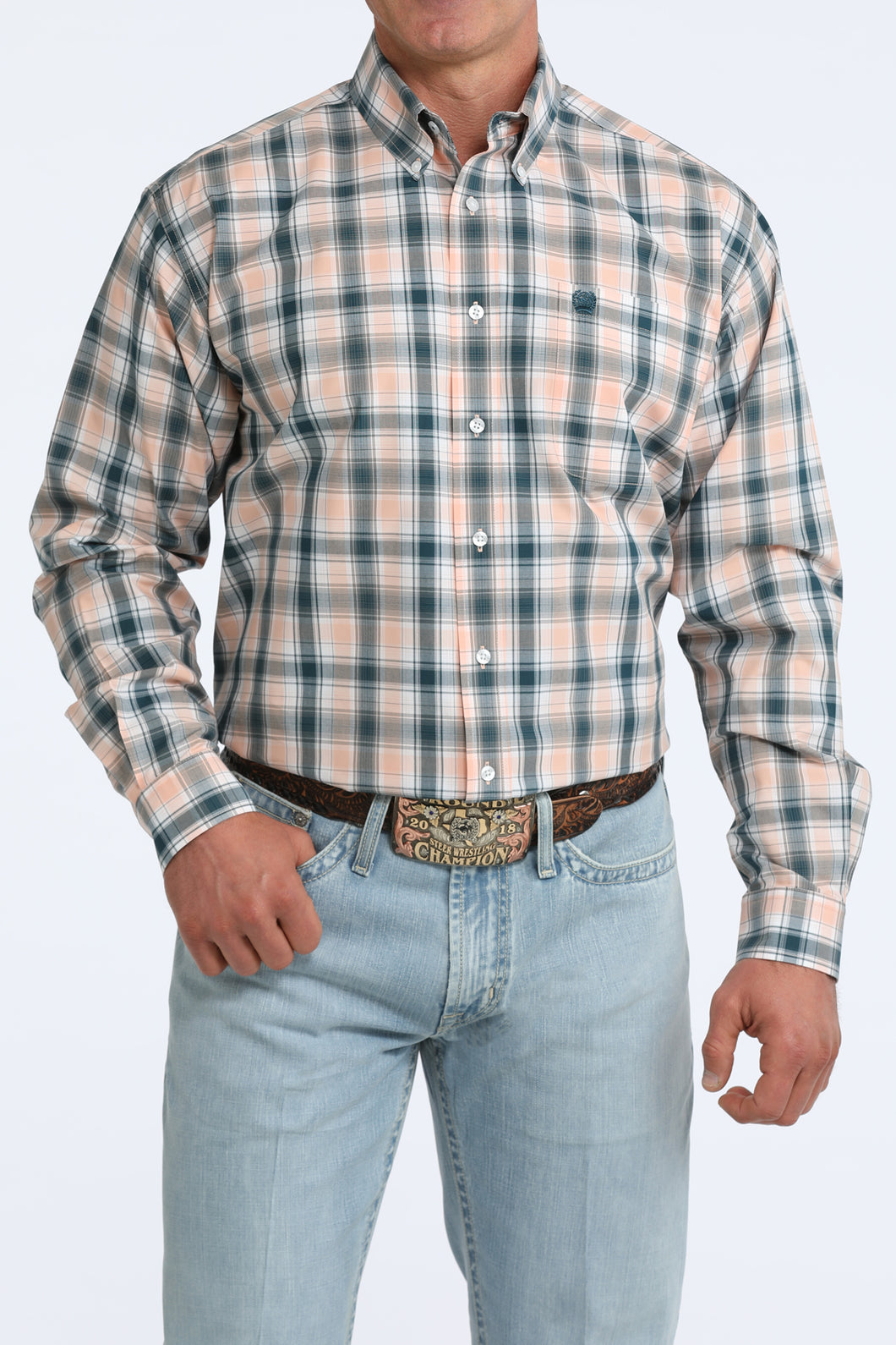 Pard's Western Shop Cinch Coral/Teal Plaid Button-Down Shirt for Men