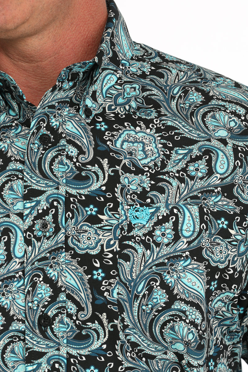 Cinch Men's Black/Turquoise Paisley Print Short Sleeve Button-Down Shi Pard's Western Shop Cinch Men's Black/Turquoise Paisley Print Short Sleeve Button-Down Shi Pard's Western Shop