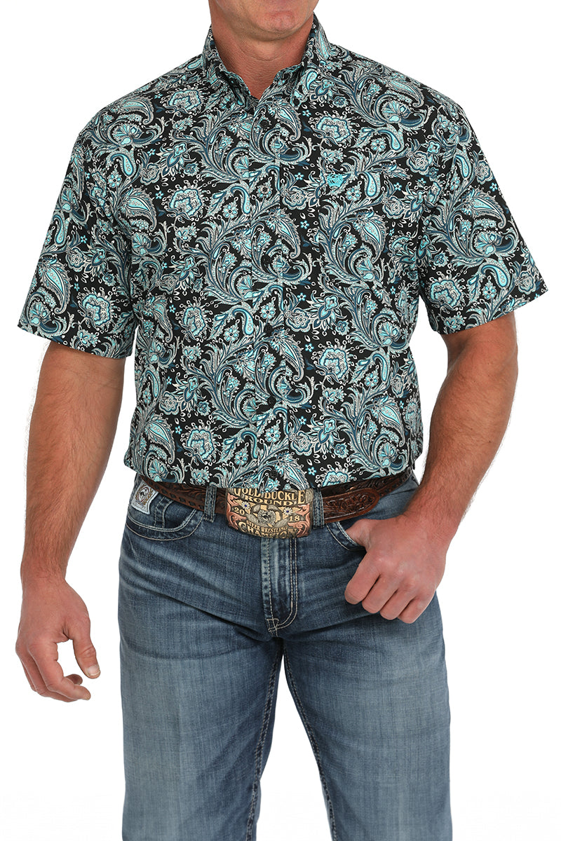 Cinch Men's Black/Turquoise Paisley Print Short Sleeve Button-Down