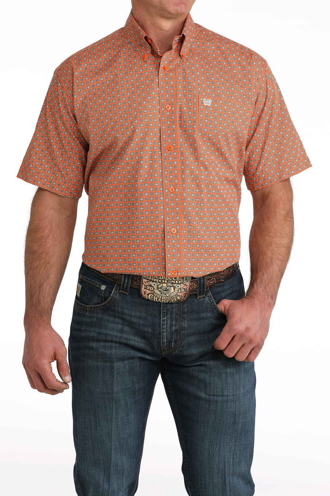 Pard's Western Shop Cinch Men's Orange Geometric Print Short Sleeve Button-Down Shirt