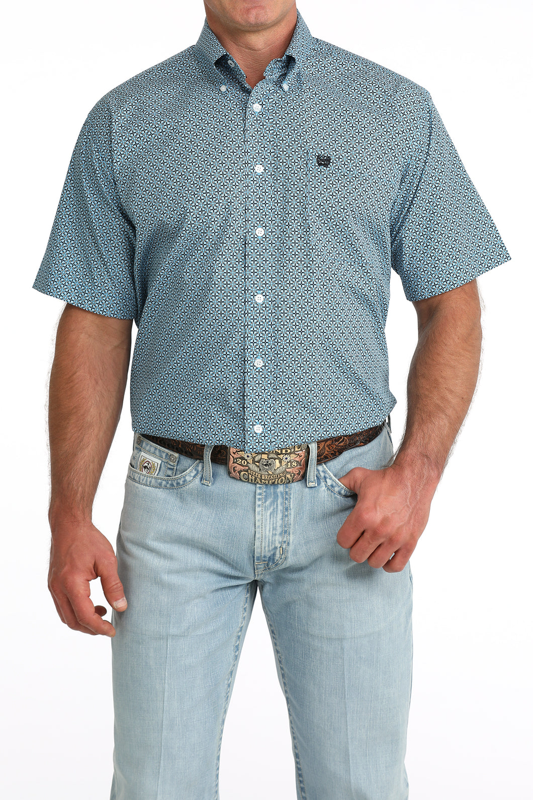 Pard's Western Shop Cinch Men's Blue Geometric Print Short Sleeve Button-Down Shirt