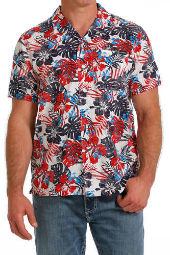 Pard's Western Shop Cinch Red/White/Blue Tropic Print Short Sleeve Button-Down Camp Shirt for Men