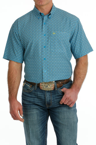 Pard's Western Shop Cinch Men's Blue Geometric Print Short Sleeve Button-Down ArenaFlex Shirt