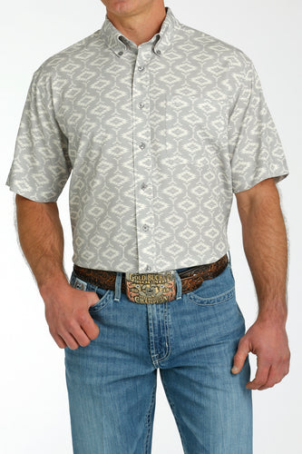 Pard's Western Shop Cinch Light Gray & White Aztec Print Short Sleeve Button-Down ArenaFlex Shirt for Men