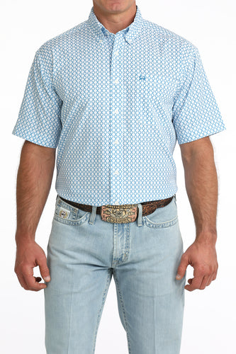 Pard's Western Shop Cinch Men's Blue/White Print Short Sleeve ArenaFlex Button-Down Shirt