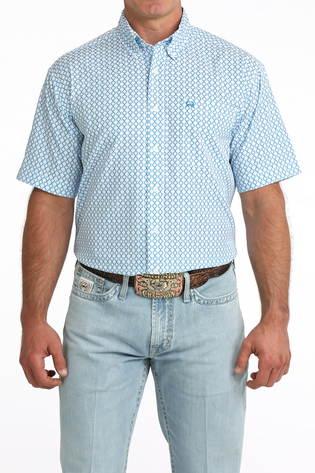Pard's Western Shop Cinch Men's Blue/White Print Short Sleeve ArenaFlex Button-Down Shirt