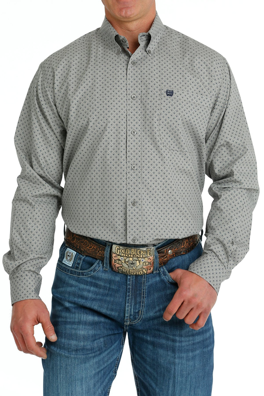 Pard's Western Shop Cinch Men's Gray/White/Navy Diamond Print Button-Down Shirt