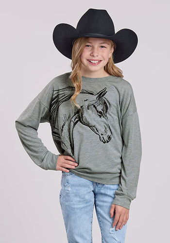 Pard's Western Shop Roper Girls Grey Horse Head Screen Print Long Sleeve T-Shirt