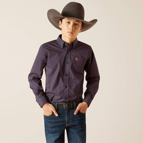 Pard's Western Shop Ariat Palmer Classic Fit Navy/Orange Print Button-Down Shirt for Boys