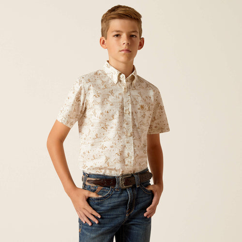 Pard's Western Shop Ariat Edison Tan Desert Cowboys Print Short Sleeve Button-Down Classic Fit Shirt for Boys