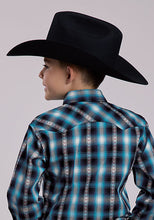 Roper Apparel Boys Blue Horseshoe Dobby Plaid Western Snap Blouse