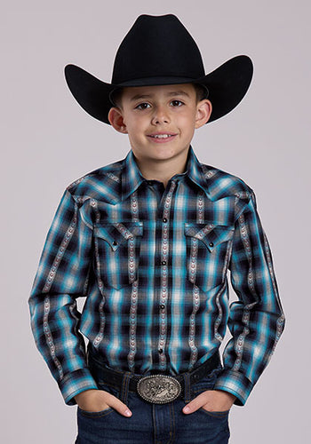 Roper Apparel Boys Blue Horseshoe Dobby Plaid Western Snap Blouse