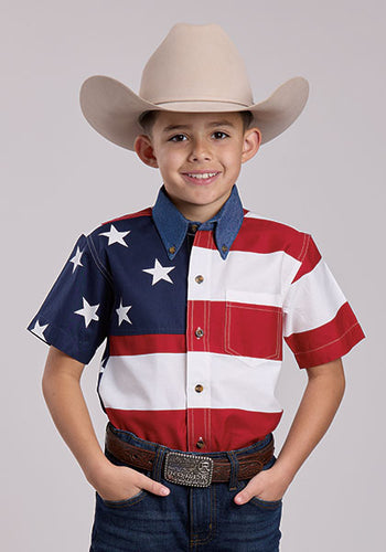 Pard's Western Shop Roper Boys Red/White/Blue Stars & Stripes Short Sleeve Button-Down Shirt