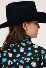 Girls Roper Apparel Black Western Snap Blouse with Turquoise Western Jewelry Allover Print