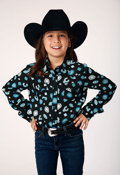 Pard's Western Shop Girls Roper Apparel Black Western Snap Blouse with Turquoise Western Jewelry Allover Print