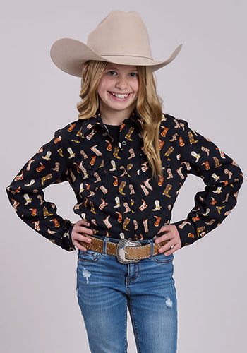 Pard's Western Shop Roper Apparel Girls Black Boot Print Western Snap Blouse