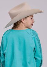 Roper Apparel Girls Turquoise Wild Horses Fleece Sweatshirt with Fringe Sleeves