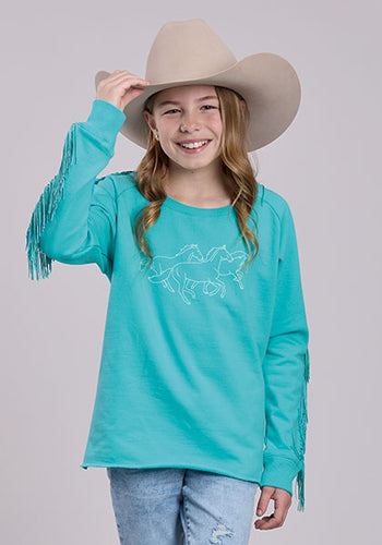 Pard's Western Shop Roper Apparel Girls Turquoise Wild Horses Fleece Sweatshirt with Fringe Sleeves