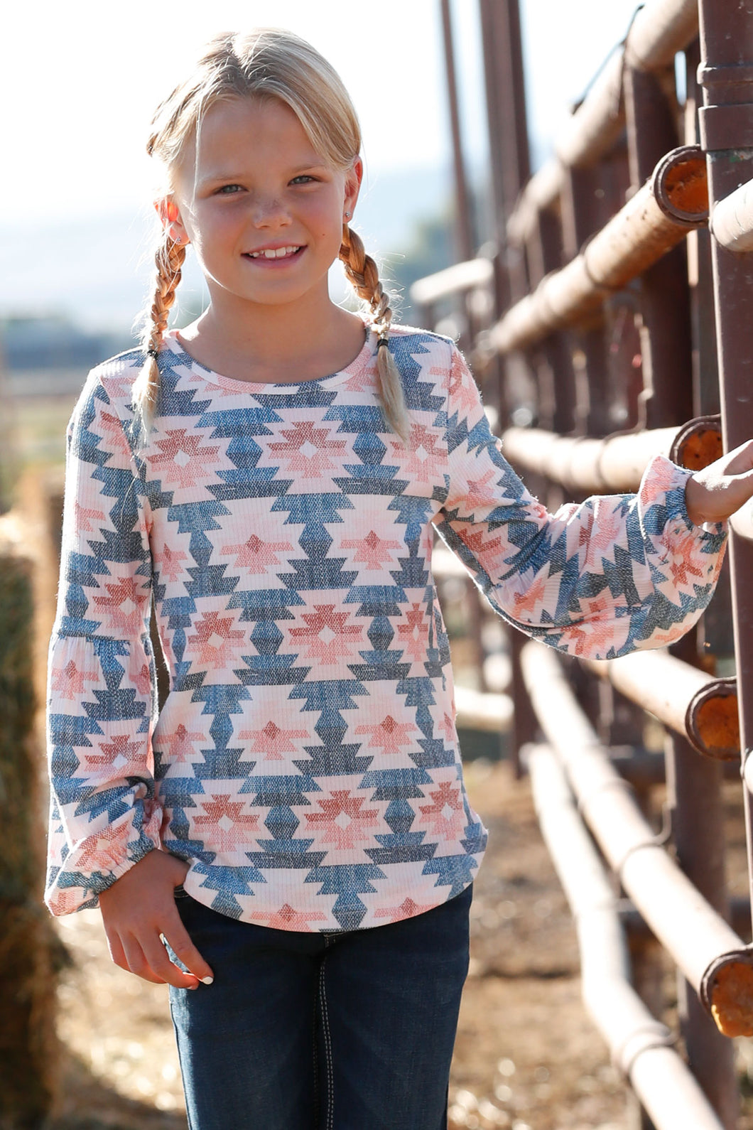 Pard's Western Shop Cruel Girl Navy/Pink Aztec Pullover Knit Top for Girls
