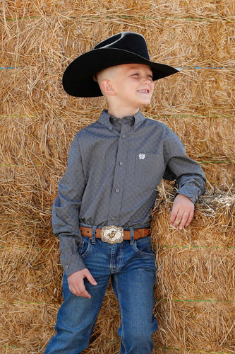 Pard's Western Shop Cinch Boys Gray/White Geometric Print Button-Down Shirt