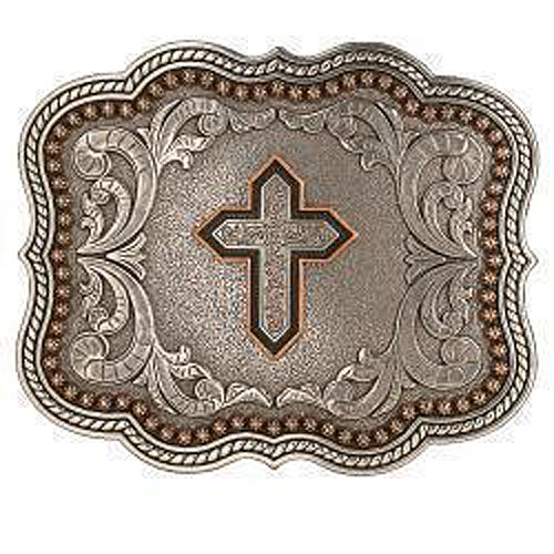 Pard's Western Shop Nocona Scalloped Rectangle Antique Silver and Copper Cross Buckle
