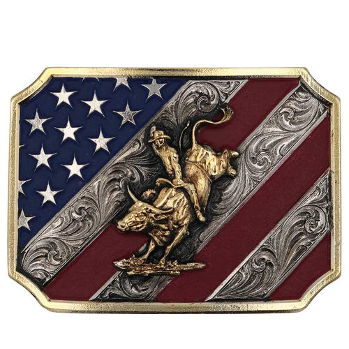 Pard's Western Shop Montana Silversmiths Patriot Bull Rider Attitude Buckle with American Flag Background