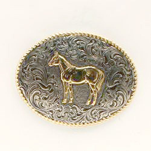 Crumrine Oval Standing Horse Rope Edge Buckle