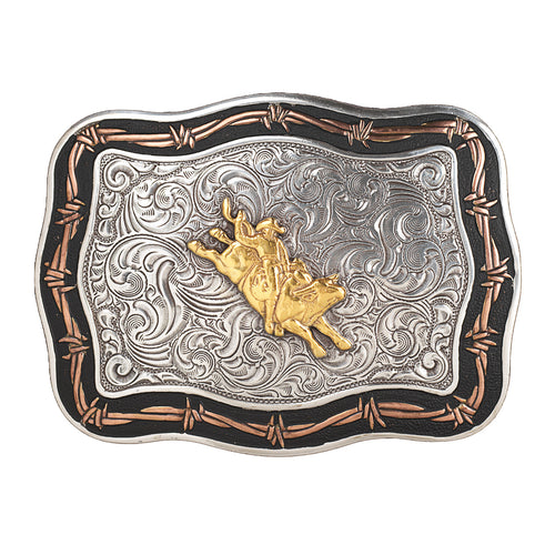 Pard's Western Shop Crumrine Rectangle Bullrider Buckle with Copper Barbed Wire Design Edge