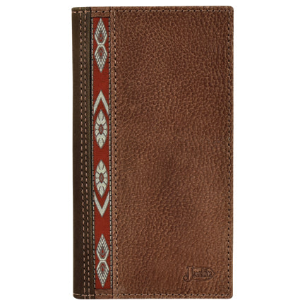 Pard's Western Shop Justin Dark Tan Buffalo Rodeo Wallet with Red Aztec Design Ribbon Underlay