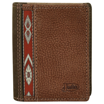 Pard's Western Shop Justin Dark Tan Buffalo Bifold Card Wallet with Red Aztec Design Ribbon Underlay