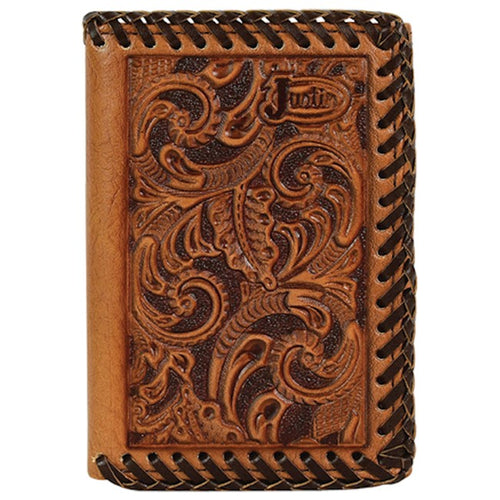 Pard's Western Shop Justin Brown Tooled Trifold Wallet with Rawhide Whipstitching