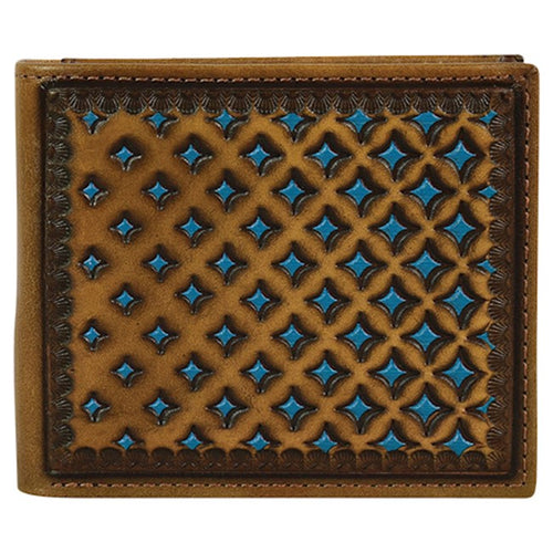 Pard's Western Shop Justin Brown Back Pocket Bifold Wallet with Diamond Tooling & Turquoise Underlay
