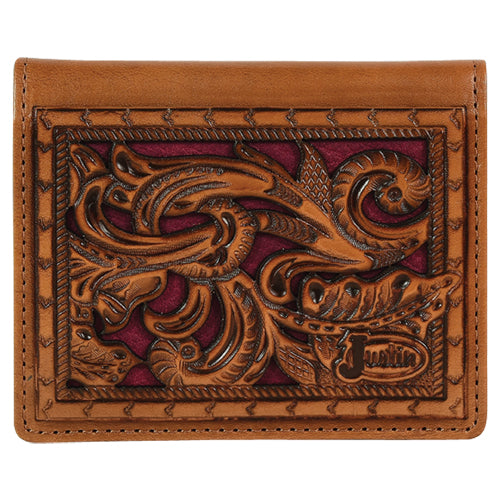 Pard's Western Shop Justin Brown Tooled Bifold Card Wallet with Maroon Inlay
