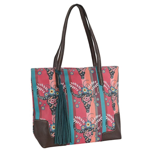 Pard's Western Shop Catchfly Coral/Turquoise Steer Head Print Tote with Large Tech Pocket