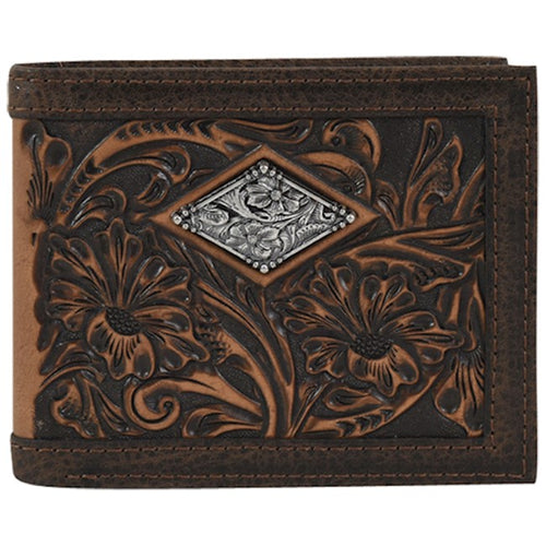 Pard's Western Shop Justin Chestnut Floral Tooled Slim Bifold Wallet with Diamond Concho