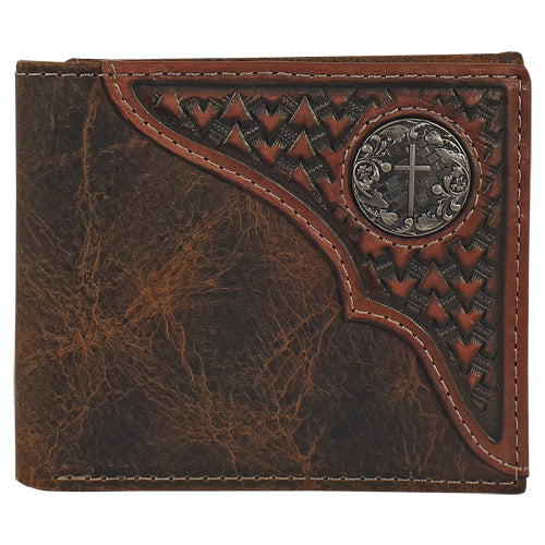 Pard's Western Shop Justin Brown Bifold Wallet with Tooled Yoke and Cross Concho