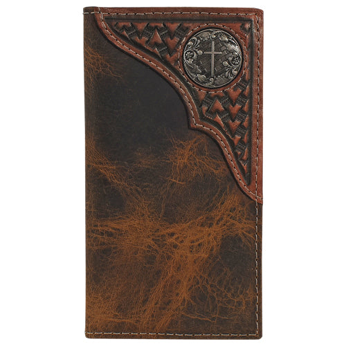 Pard's Western Shop Justin Brown Jr Rodeo Wallet with Tooled Yoke and Cross Concho