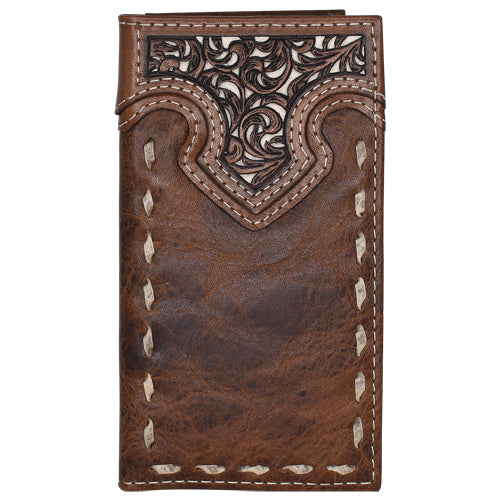 Pard's Western Shop Justin Brown Jr Rodeo Wallet with Tooled Yoke and Rawhide Buck Stitching