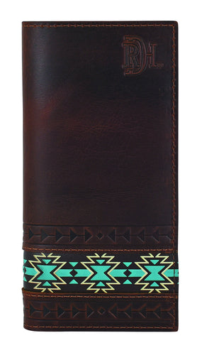 Pard's Western Shop Red Dirt Hat Co Oiled Chestnut Brown Rodeo Wallet with Embossed Turquoise Southwestern Design